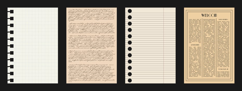 Notebook Paper for scrapbooking in a cage and in a line. Old sheets of Newspaper for composing Collages. Incomprehensible illegible letter as an element for cut design. Blank textbox vector