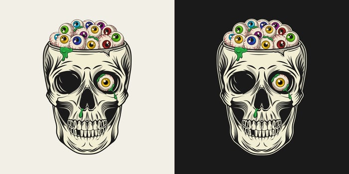 Human skull without top like cup full of colorful eyeballs. Crazy mad skull with single red eye and flowing green goo, mucus. Halloween illustration in vintage style. vector