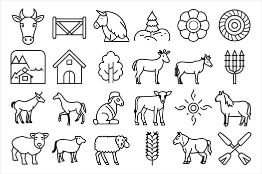Farm and hunting animals, thin line icon set. Symbol collection in transparent background. Editable stroke vector