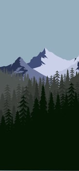 Mountain landscape with pine trees and snow capped mountains vector