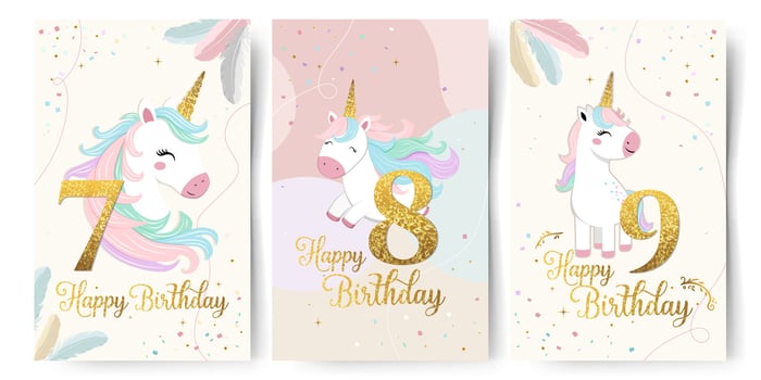 Set of Happy birthday cards with cute unicorn and golden numbers 7 8 9. Gentle templates, frames. Golden horn vector