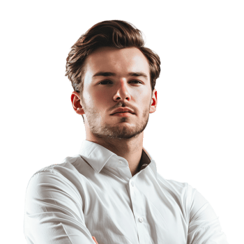 Handsome young man with confident expression, in white shirt with isolated on transparent background cut out png
