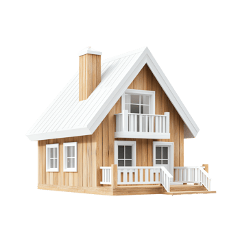 Wooden house with modern design, featuring a white roof, balconies, and multiple windows. Perfect for real estate and architecture concepts. png
