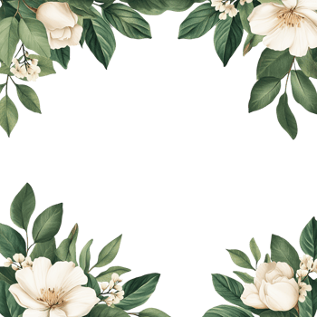 Elegant floral frame with white flowers and green leaves, perfect for wedding invitations, greeting cards, and art projects. png