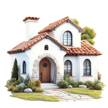 Charming Mediterranean style house with arched doorway, terra cotta roof tiles, and beautiful landscaping. png