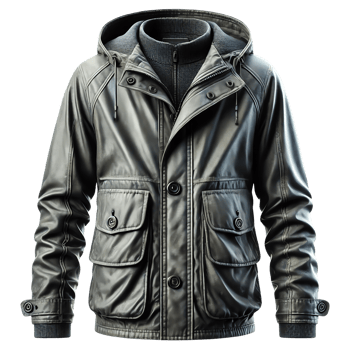 A stylish black leather jacket with multiple pockets and a hood. Perfect for a trendy, sophisticated look in the cooler seasons. png