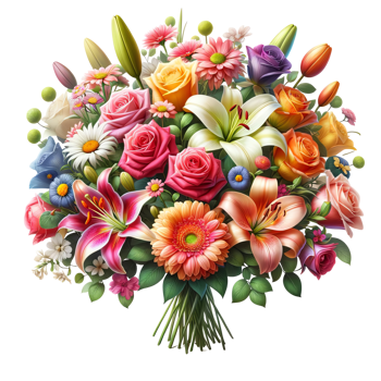 A vibrant bouquet of various colorful flowers including roses, lilies, daisies, and more, perfect for celebrations and special occasions. png
