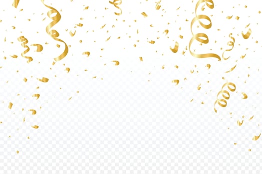 Golden confetti and party tinsel falling. Colorful party elements and foil paper design with gold color. Birthday, anniversary, and party confetti with golden ribbons. vector