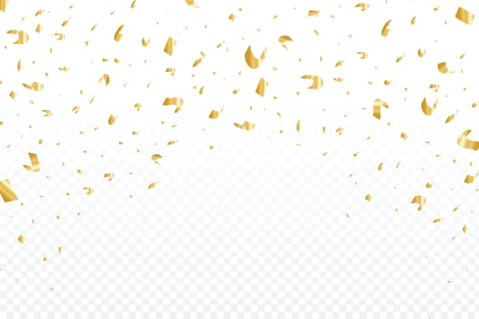 Golden confetti and party elements falling background design for festival or party celebration. Colorful gold foil paper and tinsel background. Birthday celebration confetti. vector