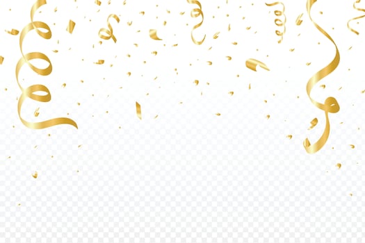 Luxury golden ribbon and party tinsel background design for festival or birthday celebration. Golden tinsel and foil paper falling background. Birthday or anniversary element. vector