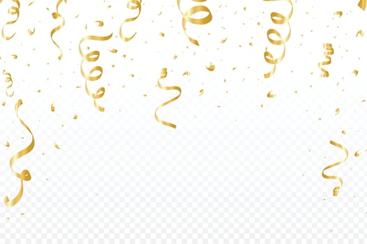 Luxury birthday celebration elements and party confetti design with golden color. Golden ribbon and tinsel falling on a transparent background. Party celebration confetti and ribbon . vector