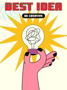 Vertical trendy postcard with a back to school theme in retro style y2k. Illustration of a light bulb with doodles in creative thick hands. Creative idea concept. vector
