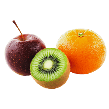 Fresh fruit display with apple, kiwi, and orange png
