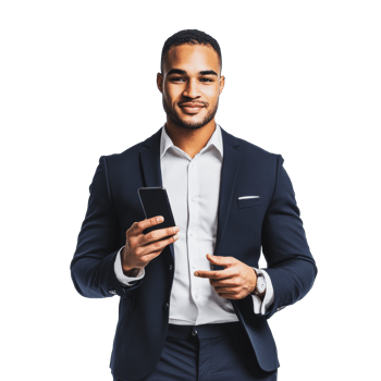 Man in suit using smartphone indoors png