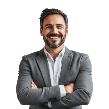Confident man in gray suit smiling indoors png