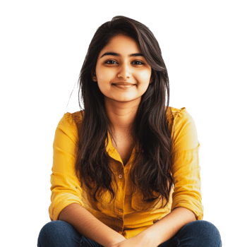 Young woman sitting, smiling, wearing yellow shirt png