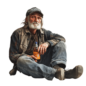 Homeless man sits on sidewalk with drink png