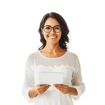 Smiling woman holding a tablet in a bright setting png