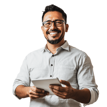 Smiling man holding a tablet in a bright setting png
