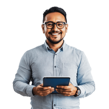 Smiling man holding a tablet in a bright setting png