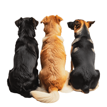 Three dogs sitting together, facing away indoors png