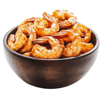Grilled shrimp served in a wooden bowl png