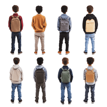 Young boys with backpacks standing in a row png