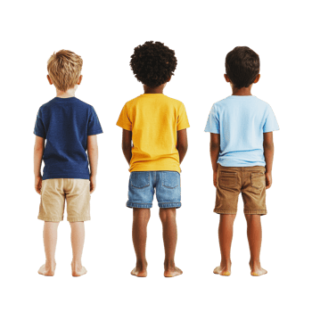 Three children from behind wearing colorful shirts png