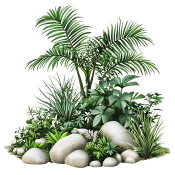 Lush greenery with tropical plants and stones png