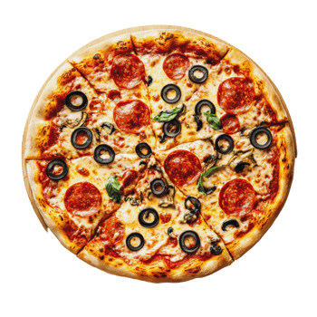 Pepperoni pizza with olives and basil png