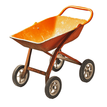 Orange wheelbarrow on four wheels in bright light png