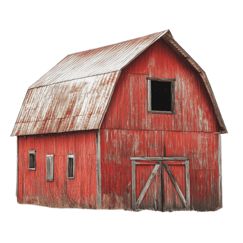 Red barn with weathered roof in rural setting png