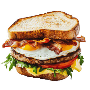 Breakfast sandwich with bacon and egg on toast png