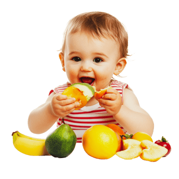 Baby enjoying fresh fruit indoors at home png