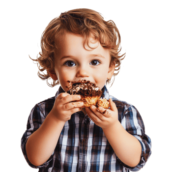 Child enjoying a chocolate cupcake indoors png