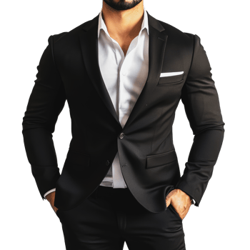 Man in black suit, white shirt, studio png