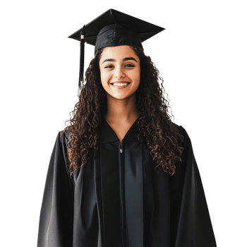 Young woman in graduation cap and gown smiling png