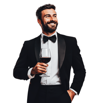 Man in tuxedo toasting with red wine png