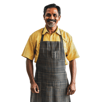 Man in apron smiling against white background png