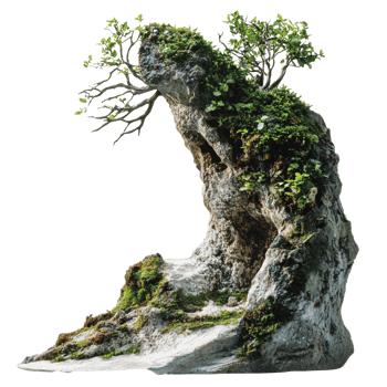 Unique mossy rock formation with trees png