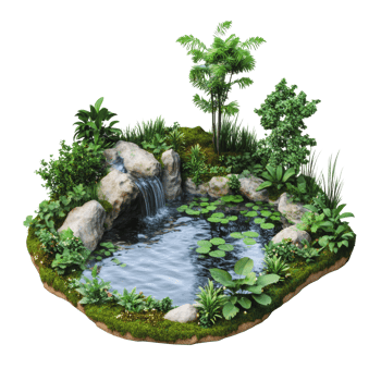 Small pond with waterfall and lush greenery png