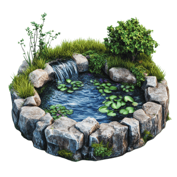 Tranquil garden pond with lily pads and waterfall png