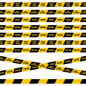 Crime scene and police warning tape on a white background. Road construction signs with different caution texts with black and yellow colors. Industrial safety and maintenance tape collection. vector