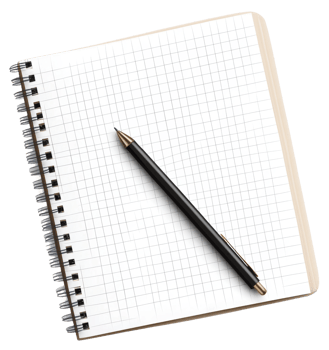 Blank graph paper notebook with pen on desk, cut out - stock . png