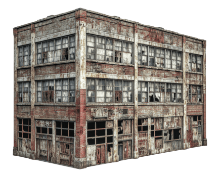Abandoned industrial building in a deserted area, cut out - stock . png