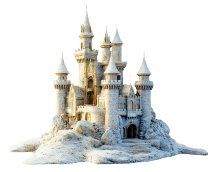Fairy tale sandcastle by the beach, cut out - stock . png