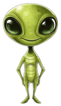 Cartoon alien character standing with a smile, cut out - stock . png