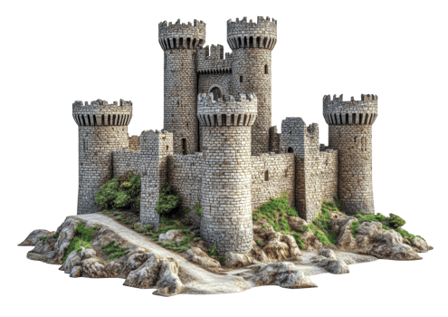 Castle model on rocky terrain, cut out - stock . png