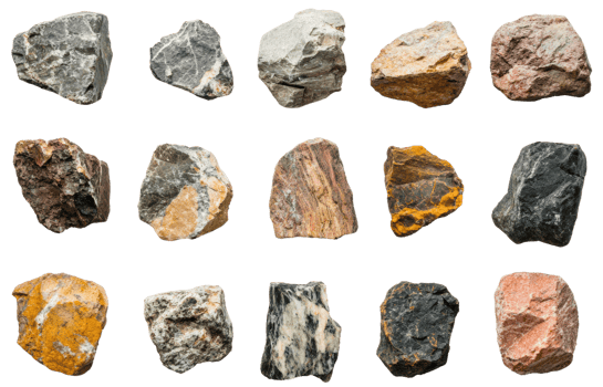 A collection of diverse rocks, cut out - stock . png