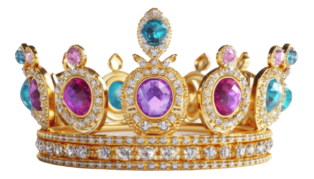 A golden crown adorned with vibrant gemstones and diamonds, cut out - stock . png